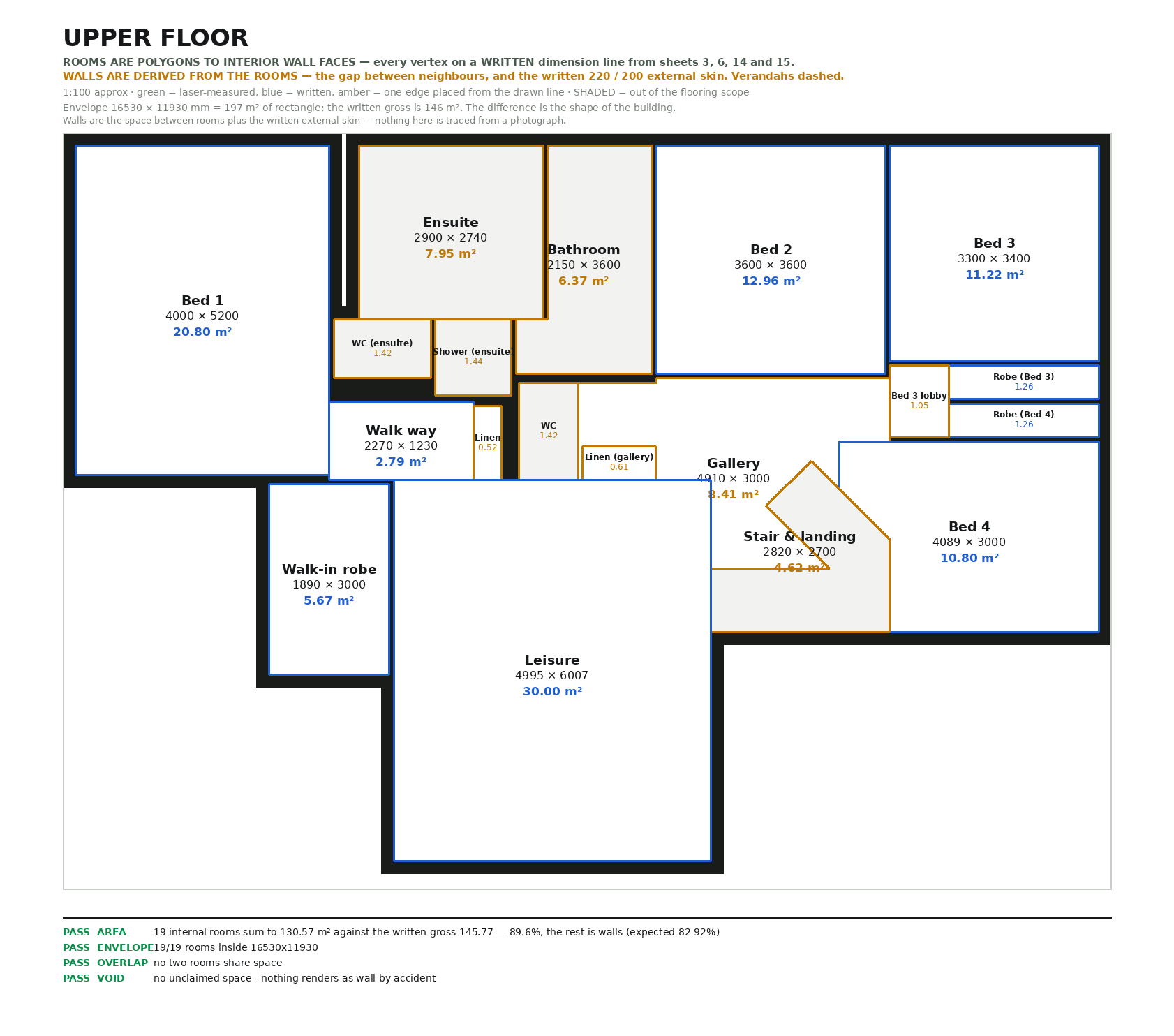 Upper floor plan, dimensioned